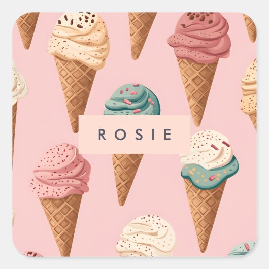Gepersonaliseerde Retro Ice Cream Cone Pattern Vierkante Sticker (Voorkant)
