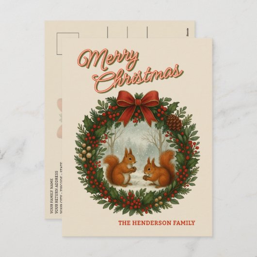 Gepersonaliseerde retro krans met Schattigee eekho Feestdagenkaart (Voorkant / Achterkant)