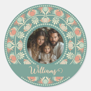 Gepersonaliseerde Retro Sage & Sand Mandala Foto L Ronde Sticker