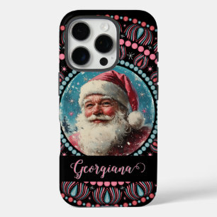 Gepersonaliseerde Retro Santa Pinkmas Floral Manda iPhone 16 Pro Hoesje