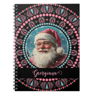 Gepersonaliseerde Retro Santa Pinkmas Floral Manda Notitieboek