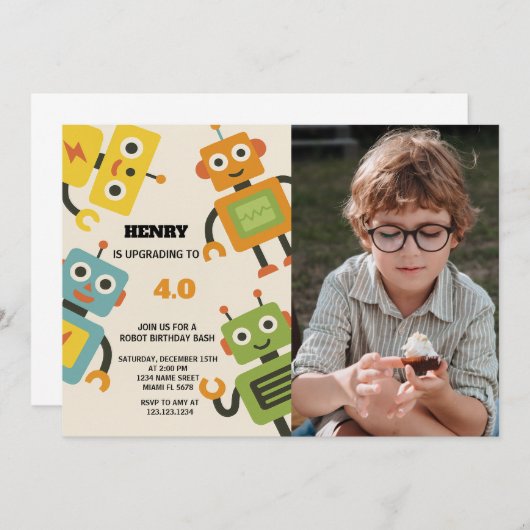 Gepersonaliseerde Robot Verjaardag Uitnodiging voo (Voorkant / Achterkant)