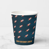 Gepersonaliseerde Rocket Ship Pattern Birthday Papieren Bekers (Voorkant)