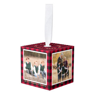 Gepersonaliseerde Rode Buffel Plaid Kerstmis Foto Kubus Ornament