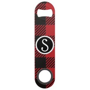 Gepersonaliseerde rode en zwarte Buffalo Plaid Mon Speed Flessenopener