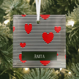 Gepersonaliseerde rode harten en strepen glas ornament