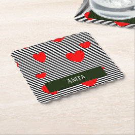 Gepersonaliseerde rode harten en strepen kartonnen onderzetters