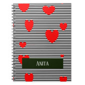 Gepersonaliseerde rode harten en strepen notitieboek (Voorkant)