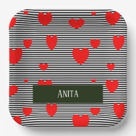 Gepersonaliseerde rode harten en strepen papieren bordje