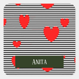 Gepersonaliseerde rode harten en strepen vierkante sticker