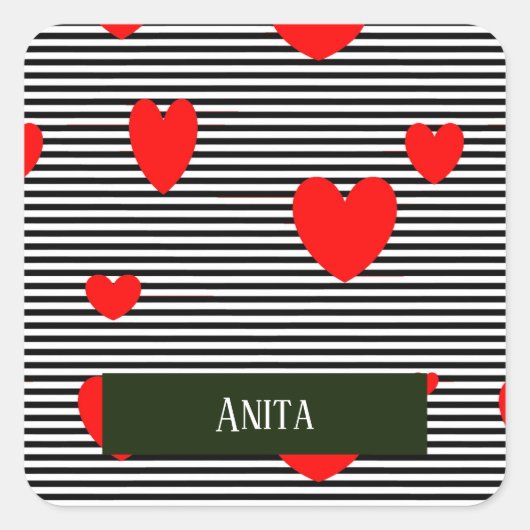 Gepersonaliseerde rode harten en strepen vierkante sticker (Voorkant)