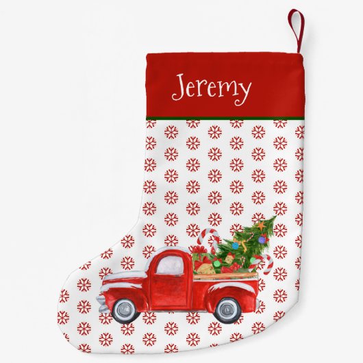 Gepersonaliseerde  Rode Kerstmis Vrachtwagen Sneeu Kleine Kerstsok (Achterkant)