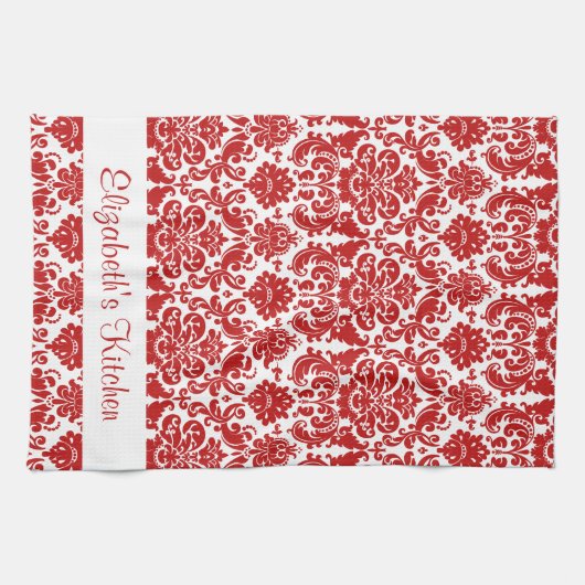 Gepersonaliseerde rood wit  Damask Theedoek (Horizontaal)