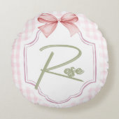Gepersonaliseerde Roos Baby Girl Nursery Bow & Gin Rond Kussen (Voorkant)