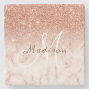 Gepersonaliseerde Roos Gouden Glitter Monogram Mar Stenen Onderzetter