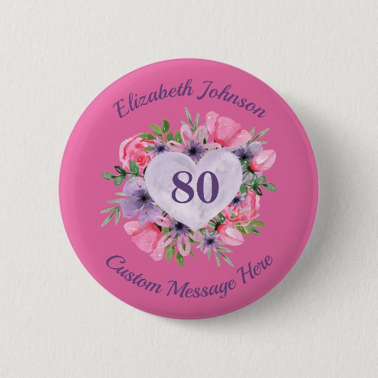 Gepersonaliseerde roze 80e verjaardag Button (Voorkant)