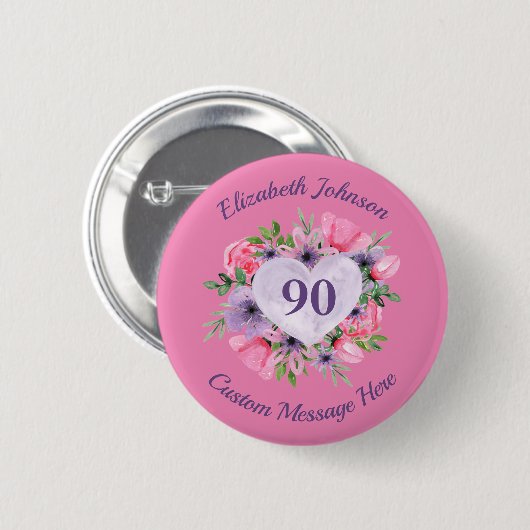 Gepersonaliseerde roze 90e verjaardag Button (Voorkant /achterkant)