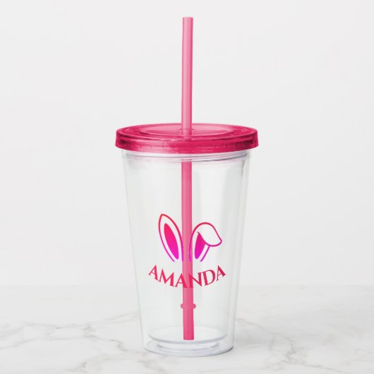 Gepersonaliseerde Roze Acryl Tumbler met Bunny Ear Acryl Drinkbeker (Voorkant)