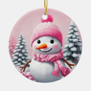 Gepersonaliseerde Roze Baby Kerstmis Sneeuwman Keramisch Ornament
