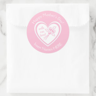 Gepersonaliseerde Roze Bloemen en Hart, Moederdag Ronde Sticker
