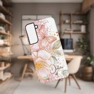 Gepersonaliseerde Roze Bloemen en Vlinder Telefoon Samsung Galaxy Hoesje