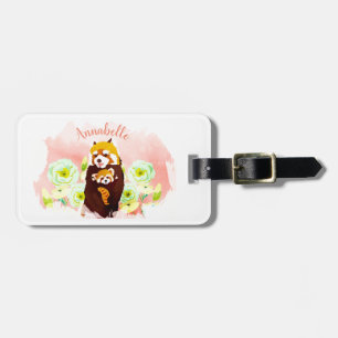 Gepersonaliseerde Roze Bloemen Rode Panda Bagagela Bagagelabel