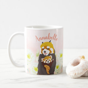 Gepersonaliseerde Roze Bloemen Rode Panda Mom Baby Koffiemok