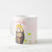 Gepersonaliseerde Roze Bloemen Rode Panda Mom Baby Koffiemok (Voorkant links)