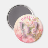 Gepersonaliseerde roze bloemige vlinder magneet (Voorkant / Achterkant)