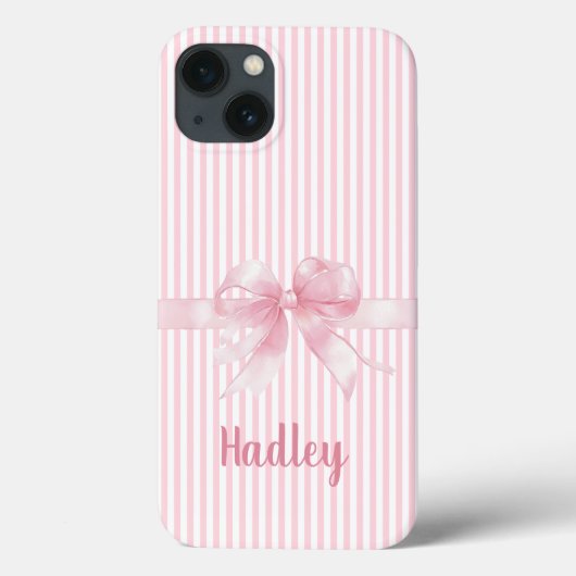 Gepersonaliseerde Roze Bow Gestreepte iPhone Case (Achterkant)
