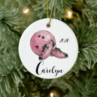 Gepersonaliseerde Roze Bowling Kerst  Keramisch Ornament