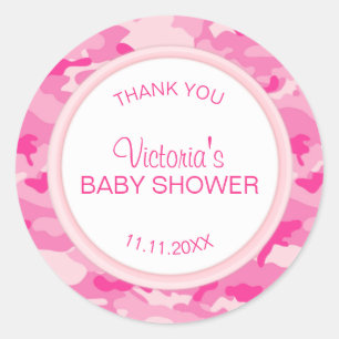Gepersonaliseerde Roze Camo Meisje Baby shower Dan Ronde Sticker