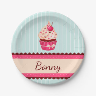 Gepersonaliseerde roze cupcake munt blauwe achterg papieren bordje