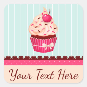 Gepersonaliseerde roze cupcake munt blauwe achterg vierkante sticker