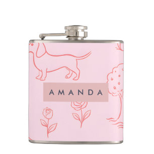 Gepersonaliseerde Roze Dachshund en Bloem Heupfles