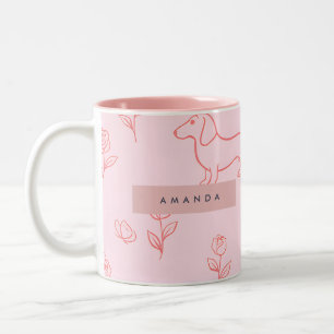 Gepersonaliseerde Roze Dachshund en Bloem Tweekleurige Koffiemok