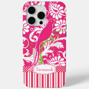 Gepersonaliseerde roze Damask Love Bird iPhone 15 Pro Max Hoesje