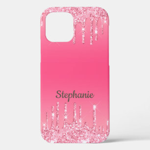 Gepersonaliseerde Roze Drip Glitter Trendy Glam iPhone 12 Hoesje