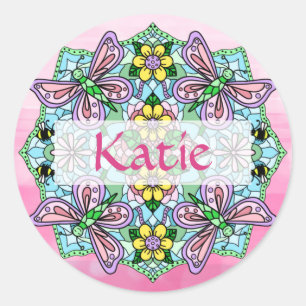 Gepersonaliseerde roze en blauwe vlinder Mandala Ronde Sticker