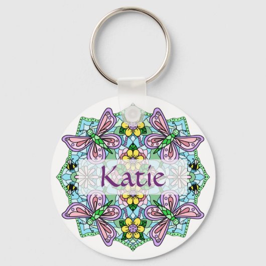 Gepersonaliseerde roze en blauwe vlinder Mandala Sleutelhanger (Voorkant)