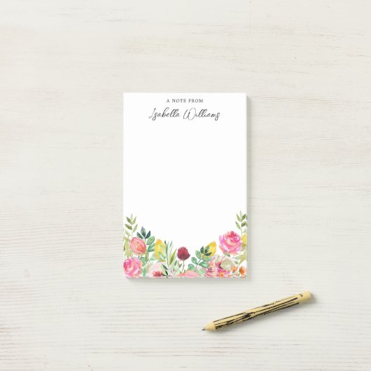 Gepersonaliseerde roze en gele Wildflower Post-it® Notes (Op bureau)