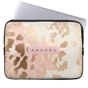 Gepersonaliseerde Roze en Gouden Luipaardprint Laptop Sleeve