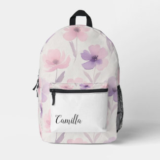 Gepersonaliseerde Roze en Paarse Waterverf Bloemen Bedrukte Rugzak