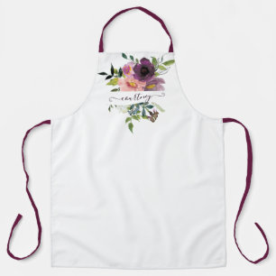 Gepersonaliseerde roze en paarse waterverf bloemen schort