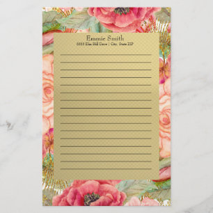 Gepersonaliseerde roze en rode Floral en goud Briefpapier