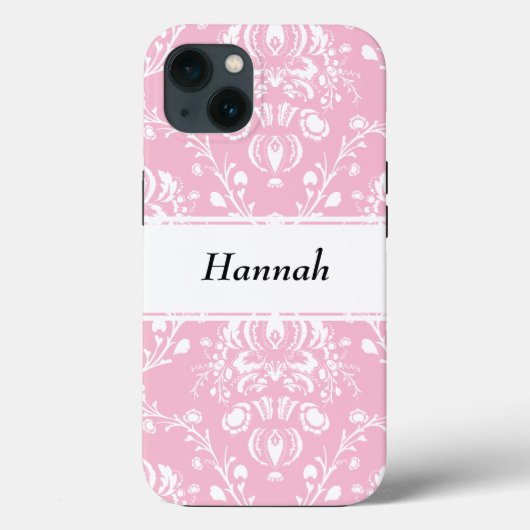 Gepersonaliseerde roze en witte damast Case-Mate iPhone case (Achterkant)