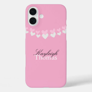 Gepersonaliseerde Roze en Witte Hartjes iPhone 16 Plus Hoesje