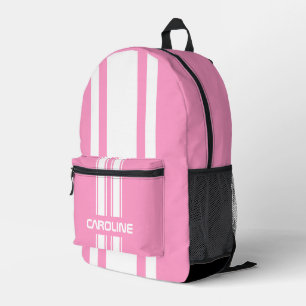 Gepersonaliseerde roze en witte racingstreep bedrukte rugzak