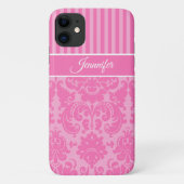 Gepersonaliseerde roze en witte stripte Damask Case-Mate iPhone Case (Achterkant)
