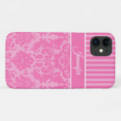 Gepersonaliseerde roze en witte stripte Damask Case-Mate iPhone Case (Achterkant (horizontaal))
